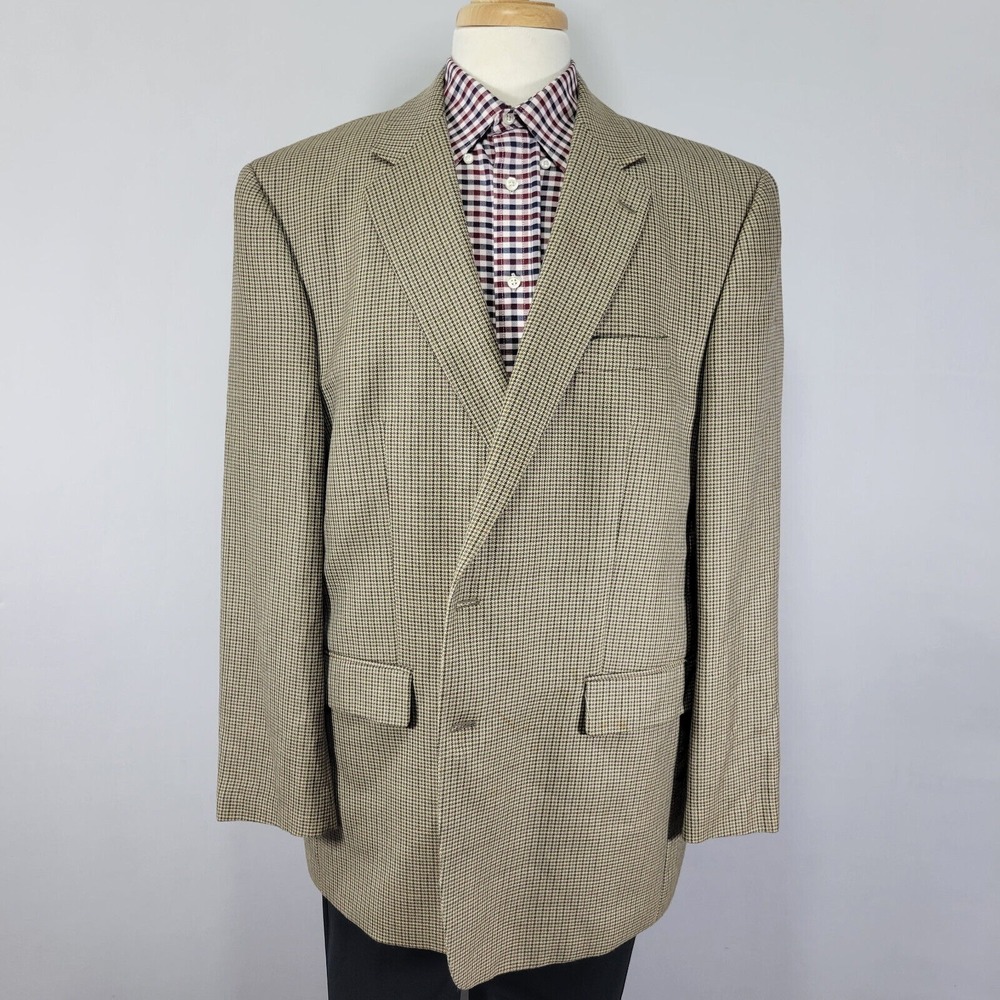 Chaps Men's Sport Coat Blazer Two Button Beige Houndstooth Silk Wool 48R